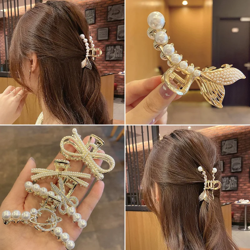 Simple Geometry Korean Metal Pearl Rhinestone Hairpin Claw Exquisite Small Hairpin Shark Clip