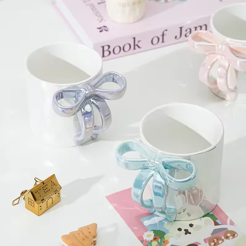 wholesale creative personality pearl glaze ceramic coffee mug 3D bow shape handle cup irregular bow embossed gift for girs