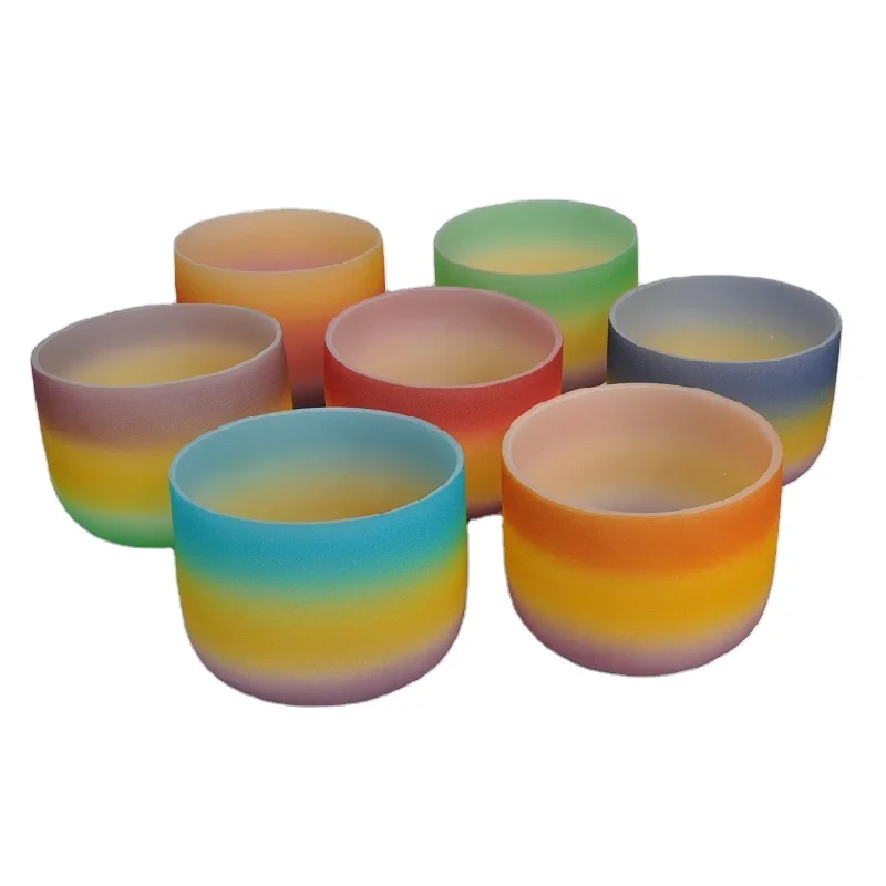 Chakra Rainbow Design Quartz Crystal Singing Bowls for Sound Healing and Meditation