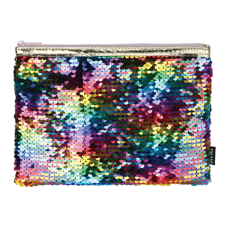 Cute Fabric Logo Custom Printed for School Rainbow Sequin Pink Lining Pencil  Case