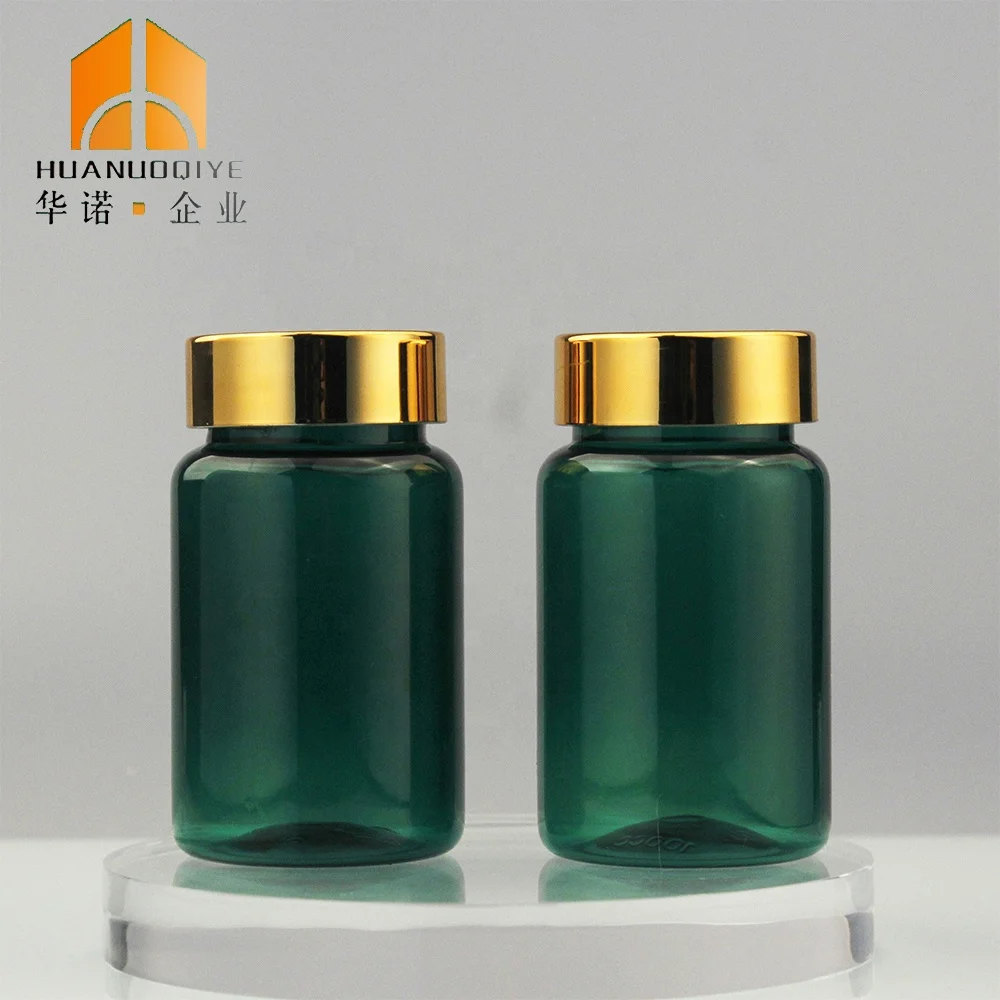 Large Size 100ml Thick Matte Green Color Medicine Pill Vitamin Protein Powder Plastic Bottles Containers with Gold Lid