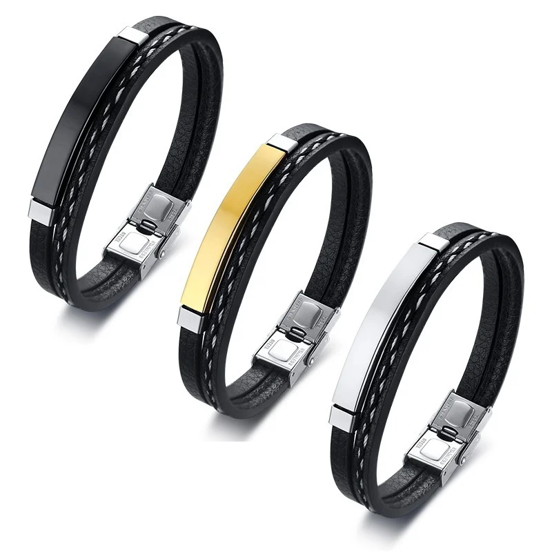 2023 Trendy Men Leatherwear Weave Bracelet Leisure Color Contrast Stainless Steel Bangle Fashion Jewelry