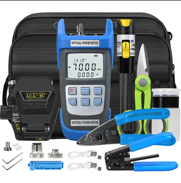 FTTH Fiber Tool Set with Recharge OPM VFL Optical Power Meter Visual Fault Locator 15MW Cleaver Fiber Tool Kit