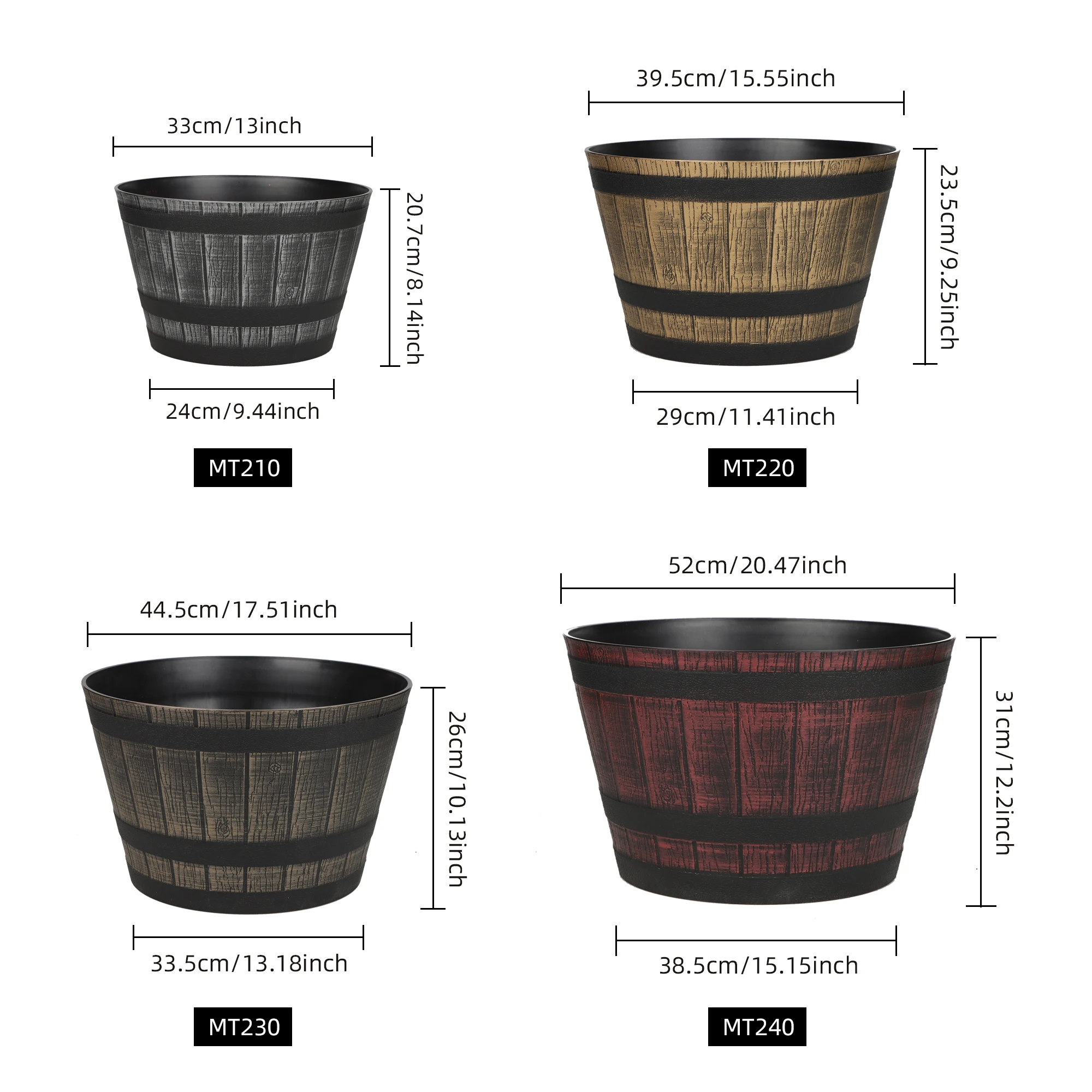 13/15/17/20 Inch Wine Barrel Design Flower Pots Whiskey Barrel Planters with Drainage Holes for Herbs & Cacti for Garden & Home