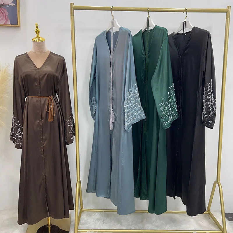 New Kimono Open Abaya Dubai Satin With Handmade Beads Pockets Islamic Clothing Wholesale Supplier EID Ramadan Women Muslim Dress