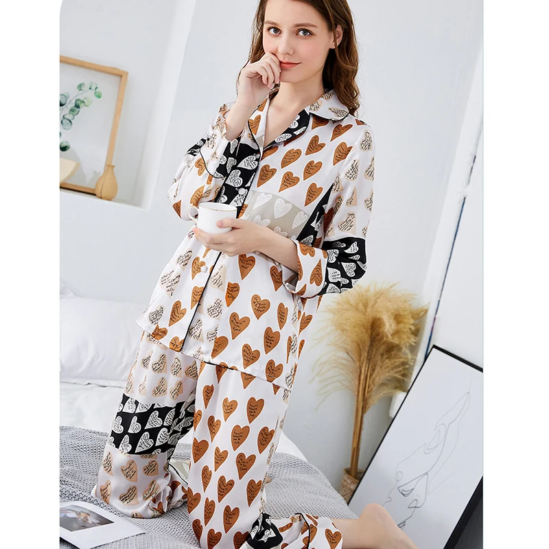 wholesale silk pajamas printed heart pattern washable natural mulberry silk pajamas