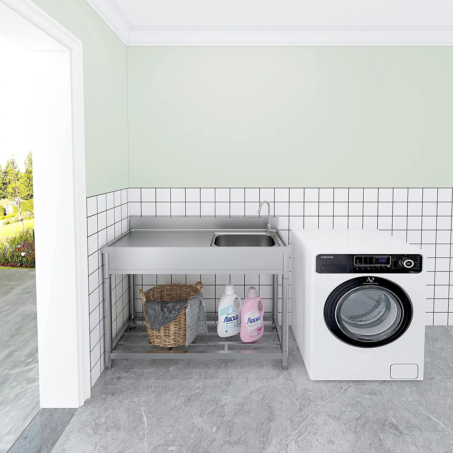 Free Standing Stainless-Steel Single Bowl Restaurant Kitchen Sink Set w/Faucet Drainboard Hand Basin w/Workbench Storage Shelves