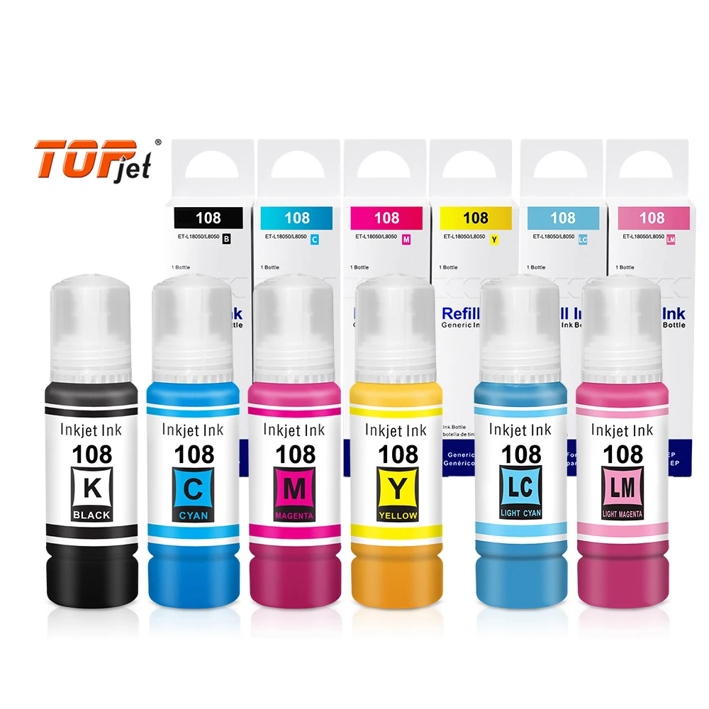 Topjet 108 Ink 70ML Premium Compatible Water Based Bulk Bottle Dye Ink Refill Kits for Epson ECOTANK ET-18100 L18050 Printer