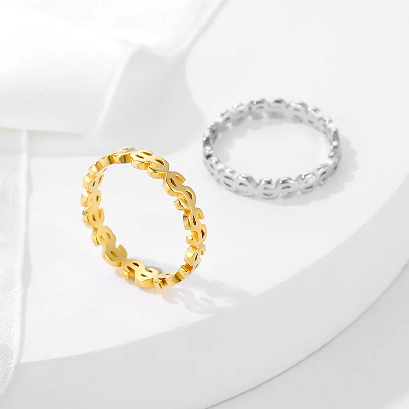 Personalized Stainless Steel Ring Women Fashion Hip Hop full Dollar Symbol Design Colorfast Finger Accessories Fine Jewelry