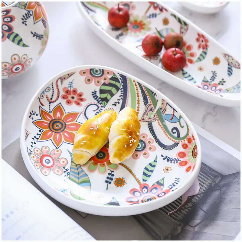 Ceramic Salad Plates with Handle Colorful Floral Pattern Serving Porcelain Dinner Plates for Desserts Sandwiches Dishes