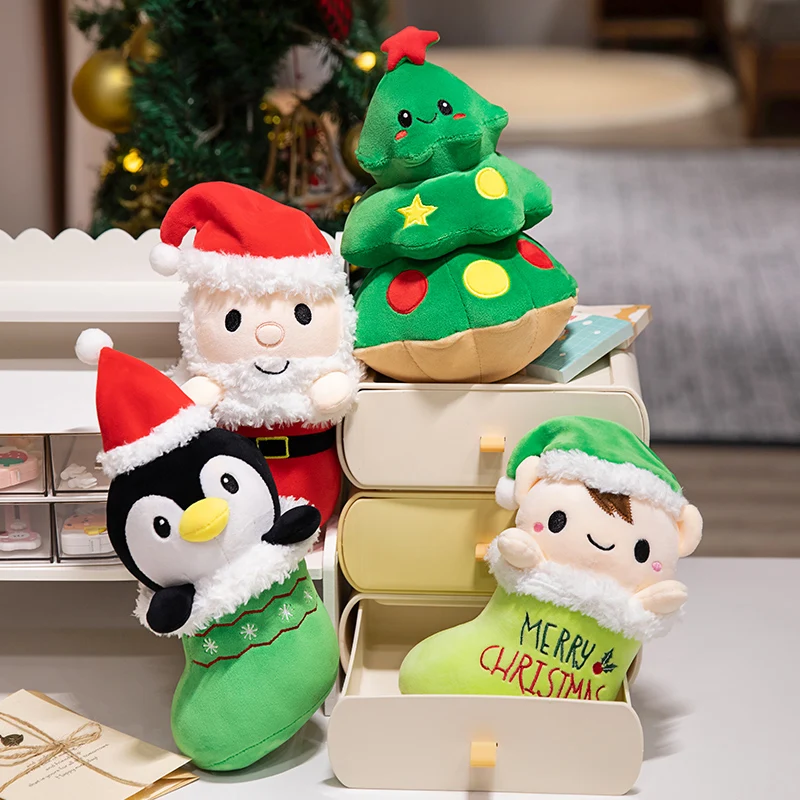 Wholesale plush stuffed custom christmas tree stockings toy soft customized caped penguin elf red christmas stockings plush toy