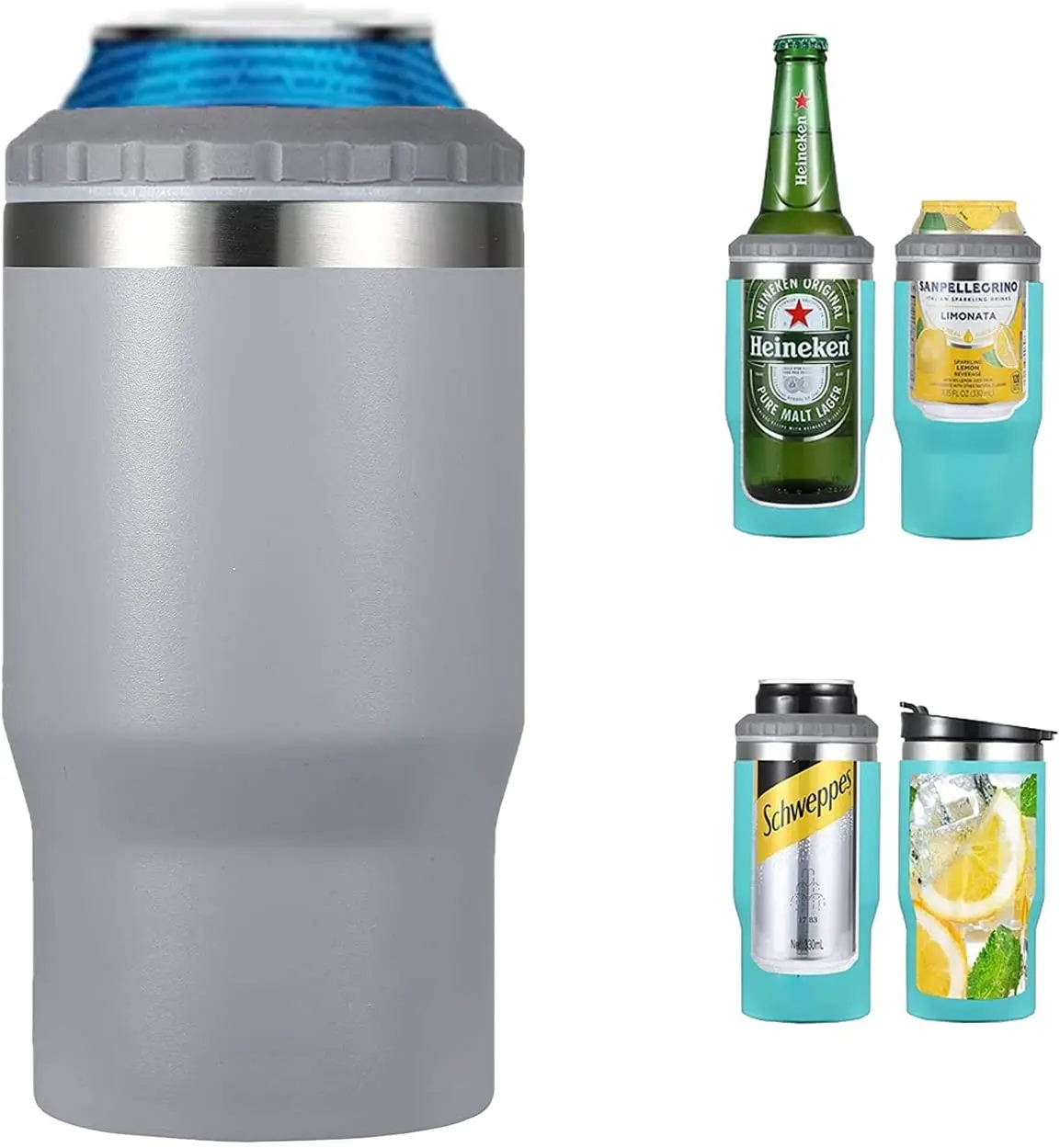 Custom Logo 4 in 1 14oz Beer Bottle holder Stainless Steel Insulated Double Wall Beer Skinny Can Cooler With 2 Lid