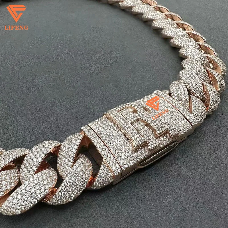 Custom 20mm S925 Silver Fine Jewelry VVS Moissanite Big Chain Necklace with 5 Rows Rose Gold Bubble Cuban Link Letter Clasp Hip