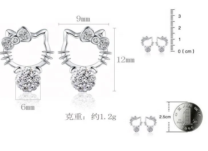 Lovely Bow Kate Cat Necklace Earring Set Jewelry Full Of Rhinestone Shambhala Ball Women 925 Sterling Silver Hello Kitty Jewelry