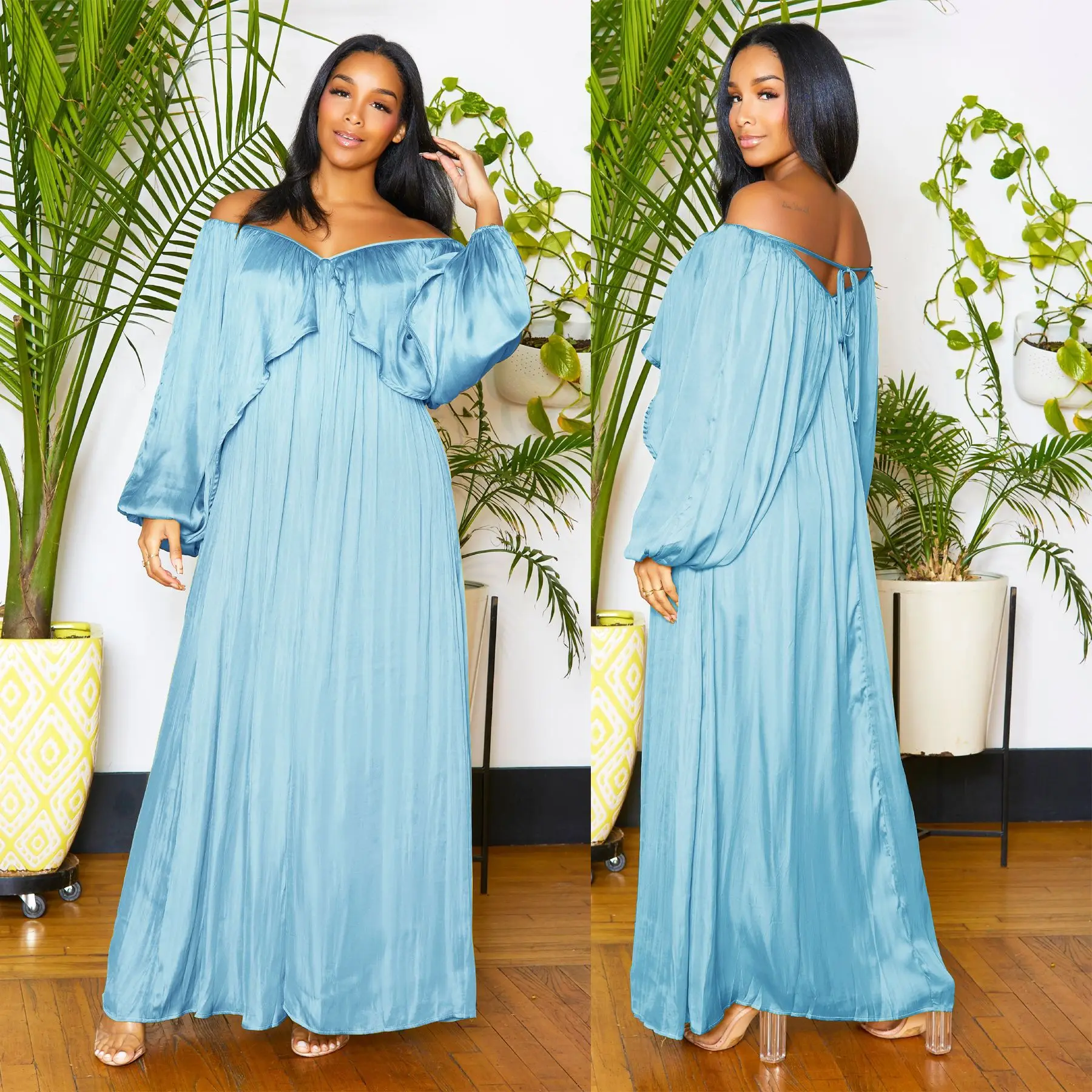2023 Summer plus size African Chiffon dresses Loose Elegant Long Dress for women High Waist Bat Sleeves Sexy Dresses