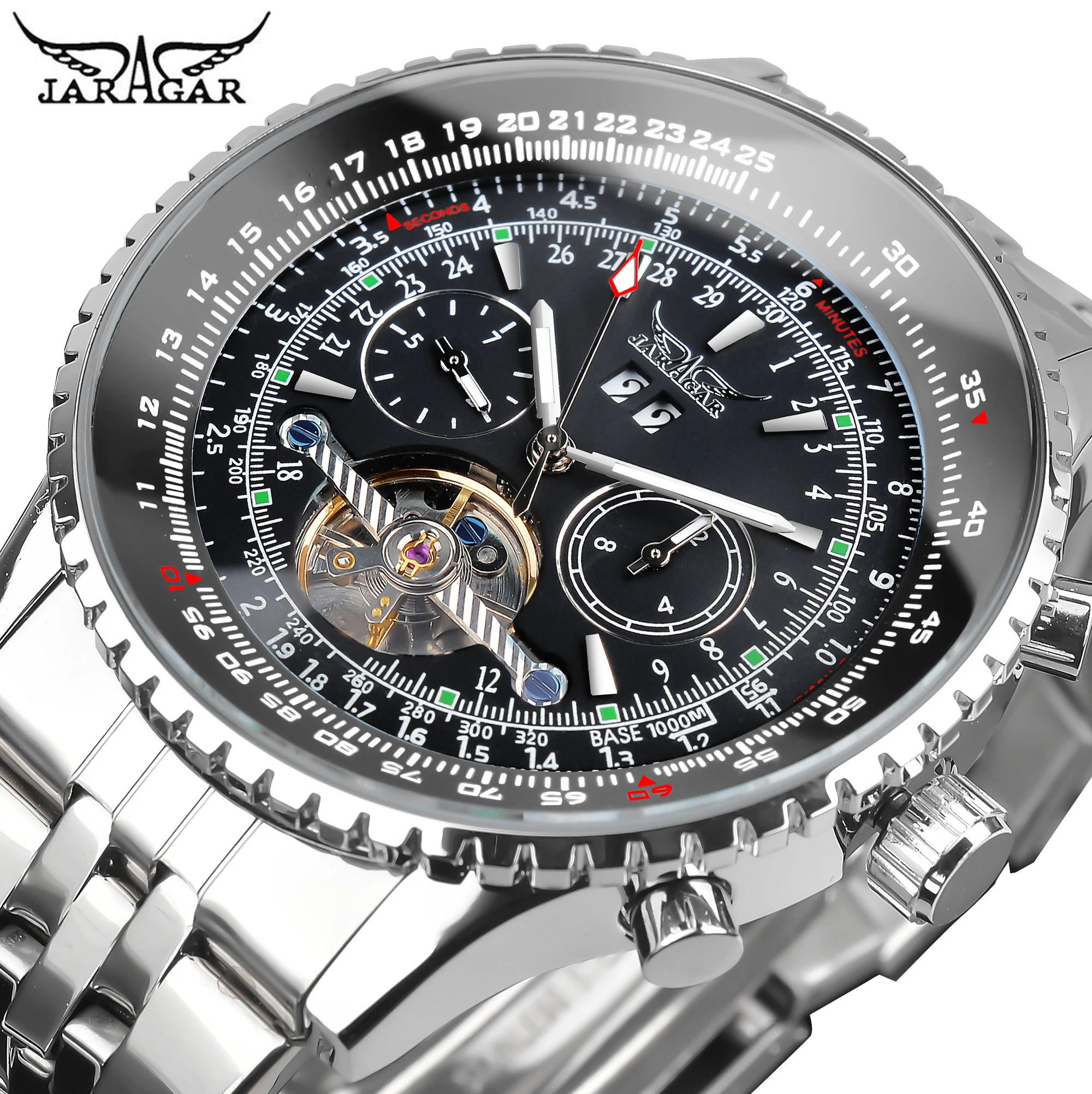 Jaragar Mens Automatic Mechanical Watch Fashion  Luminous Hands Date Display Stainless Steel  Sport Watches