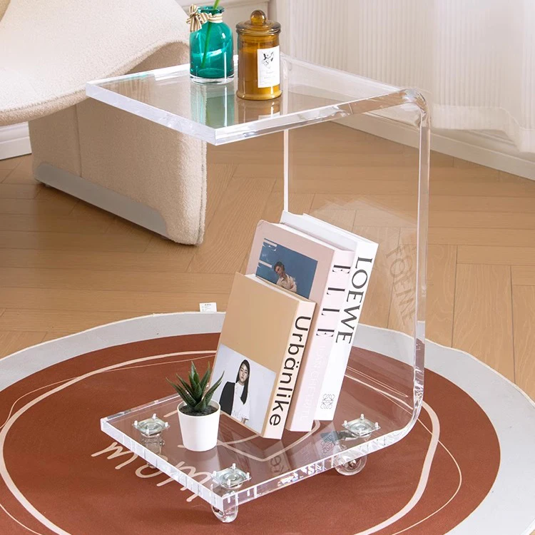 2023 Factory Wholesale Modern Lucite Bedside Table Clear Acrylic Trolley Table C Shape Side Table