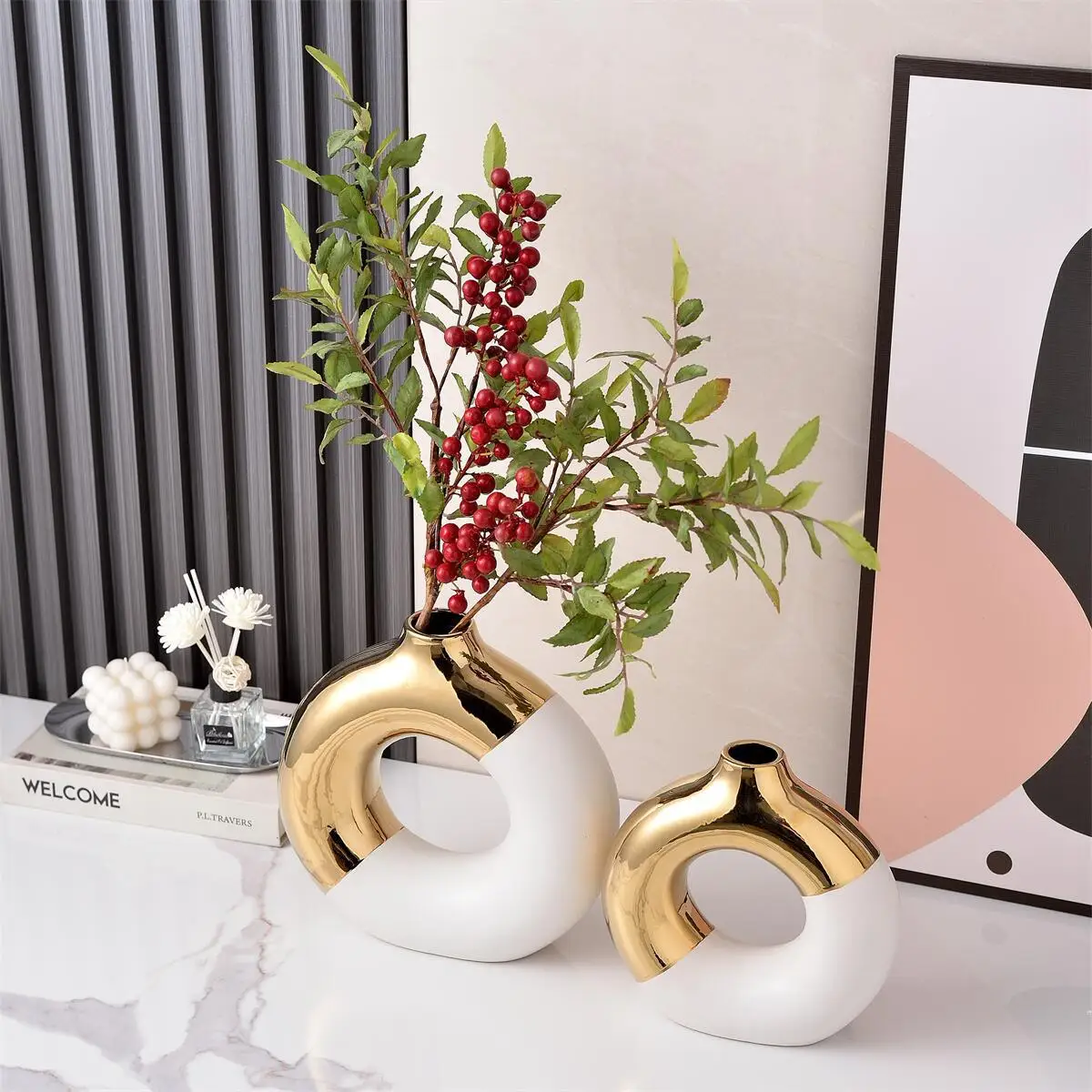 Popular Simple modern black and white gold Ceramic Vase Decorative early moon ornaments electroplating craft