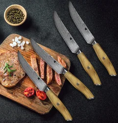 Olive wood handle Japanese AUS-10 damascus steel VG10 steak knife set with bamboo wood box