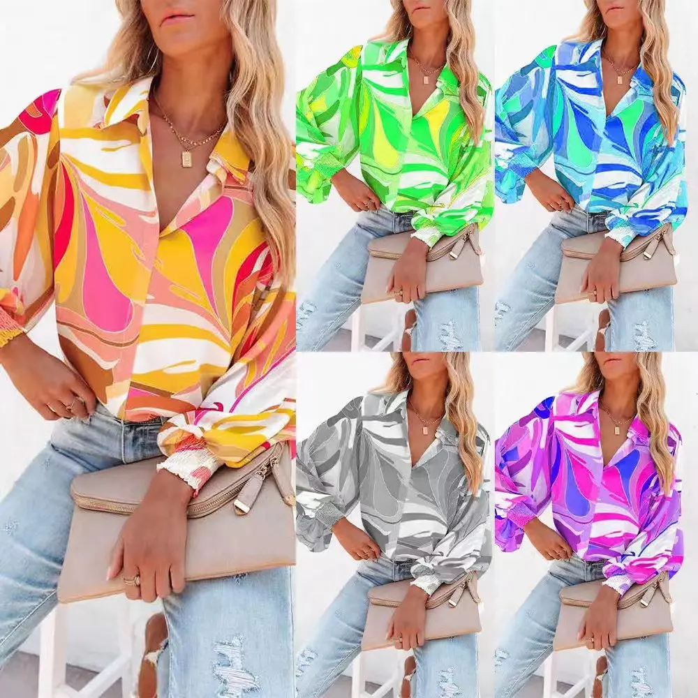 OEM Custom fall high quality New Print Polyester Lantern Sleeve Lapel Cardigan Single Breasted Swallow tail Women Casual blouse