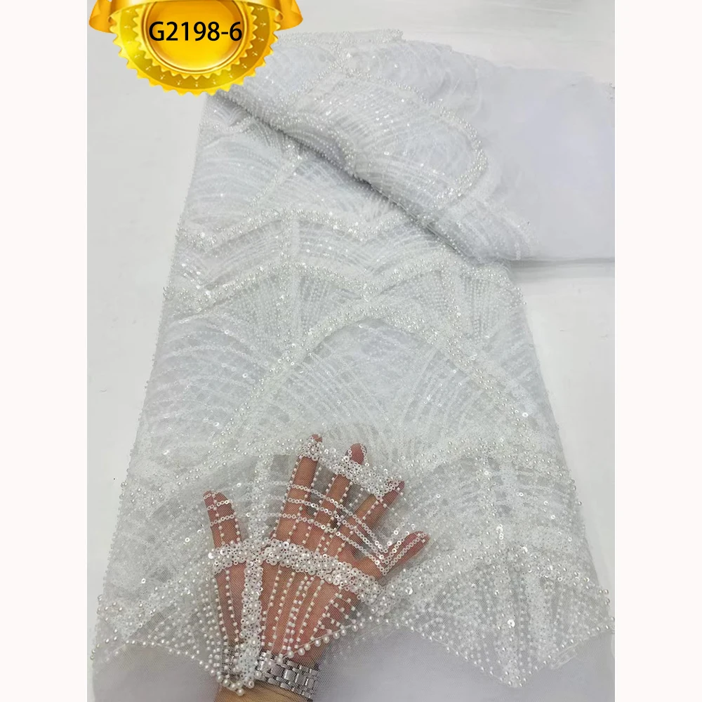 G2198 Luxury Beads White Color French Lace Fabric With Pearl And Embroidery Sequins For Bridal Wedding Dress Wear