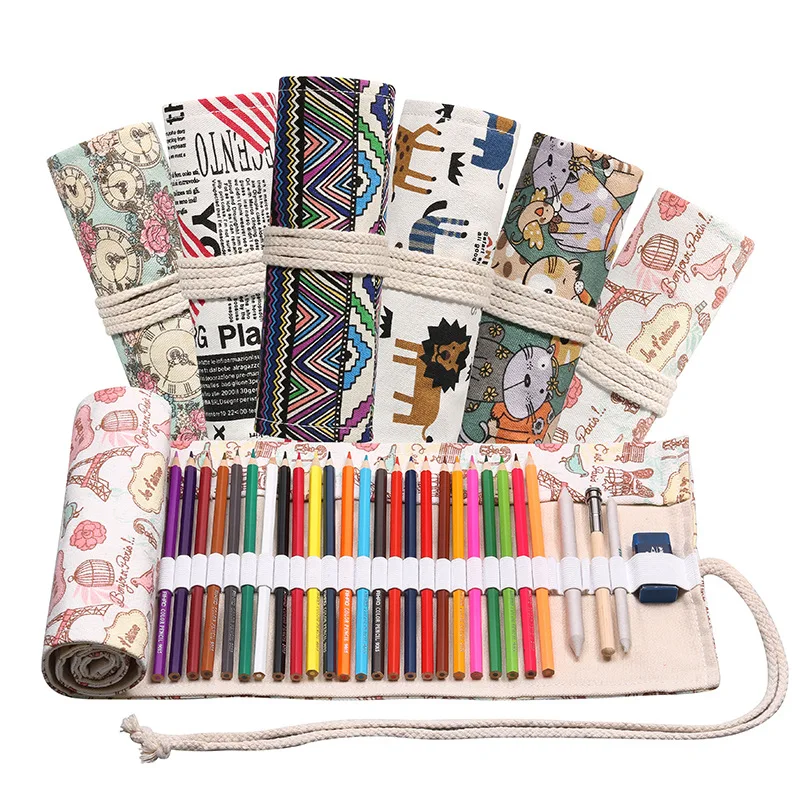 36 Slots Canvas Roll up Pencil Bag Organizer Color Pen Curtain Case Makeup Wrap Holder Storage Pouch