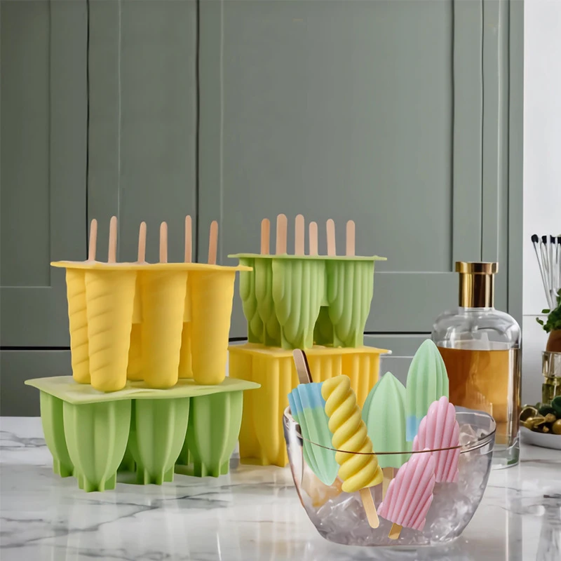 2024 Summer Selection New Silicone Spiral Ice Cream Cone Mould Ice Cream Cone Forming Mould 6 Cavity Conical Cone Icebox