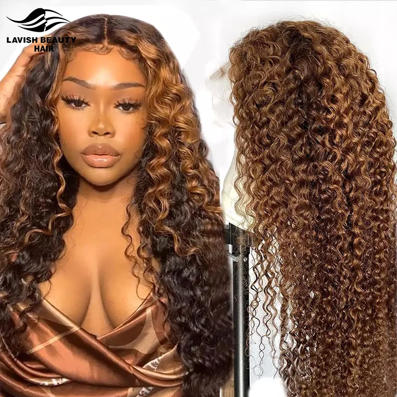 Lavish Beauty 13x6 Blonde Highlights Frontal Wig Brown Highlighted Human Hair 360 Full Lace Wigs Deep Wave Curly Highlight
