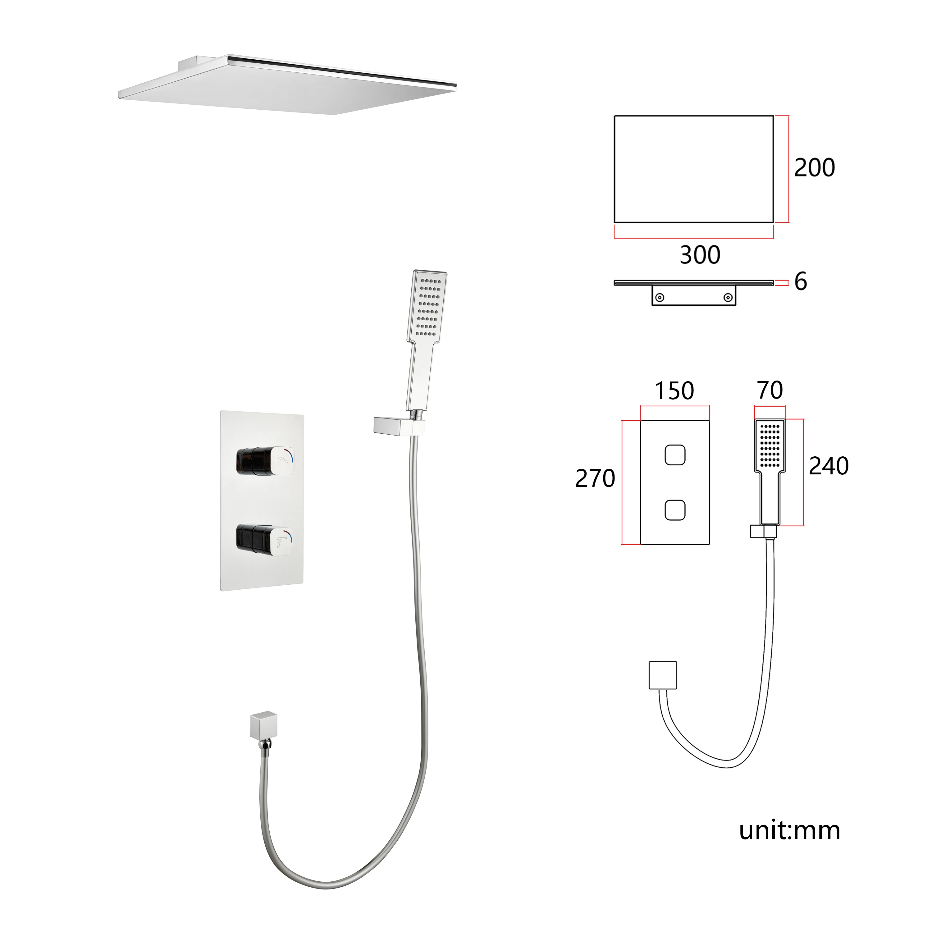 Silver Concealed Wall-Mounted Shower Set, Full Copper Material, Waterfall Flow, Hot and Cold Switch