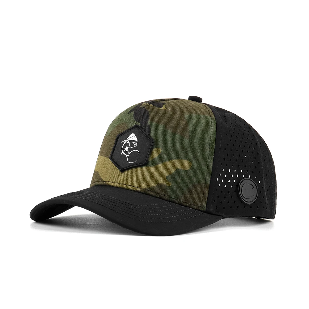 Оптовая продажа камуфляжная хлопковая тканевая перфорированная шляпа на заказ резиновая нашивка с логотипом вышивка край для кемпинга кепка выживания в дикой природе