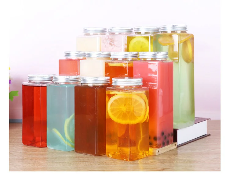 12oz 350ml Clear Reusable Juicing Smoothie Square Plastic Bottles With Caps Lids Juice Drink Containers With Lids For Fridge