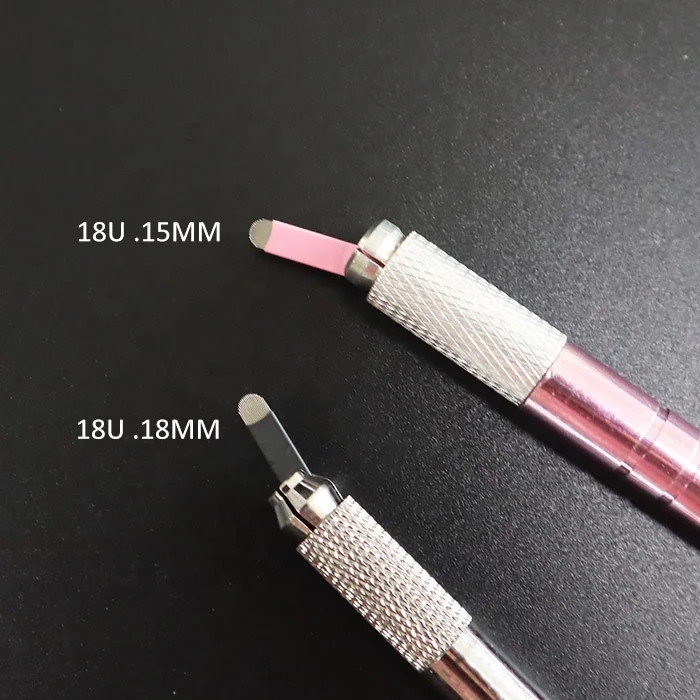 Pink PMU Permanent Makeup Microblading Pen Kit With Disposable .15 Slant 14F 18U Nano Blades and Tattoo Needle