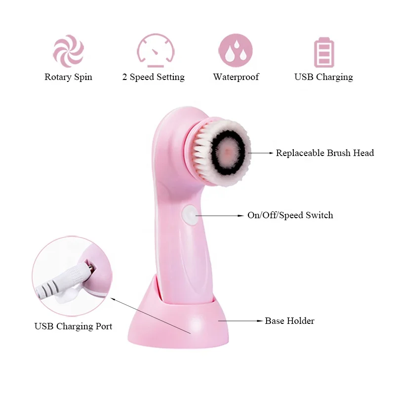 3 in 1 Electric Rotating Facial Spin Brush Waterproof Face Exfoliating Brush Facial Cleansing Brush
