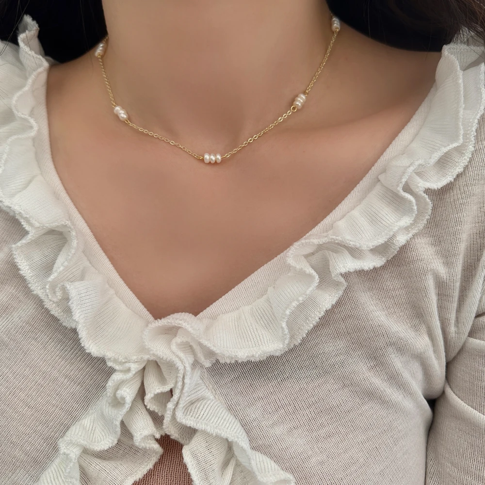 Vershal B-265 Korean Style 18K Gold Plated Link Chain Necklace Freshwater Pearl Necklace Women