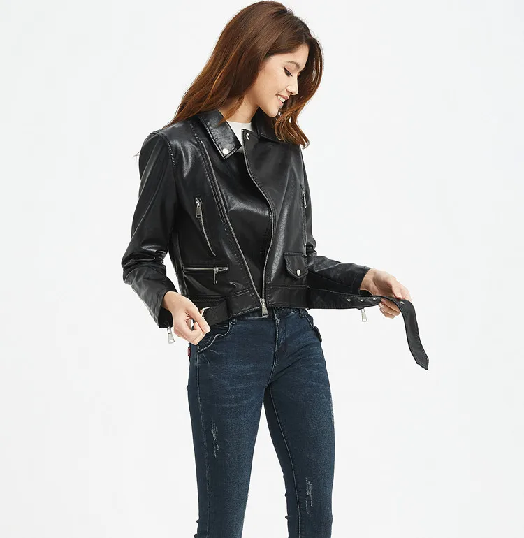 
New Arrive Motorcycle Style Belt Faux Leather Jacket For Women 