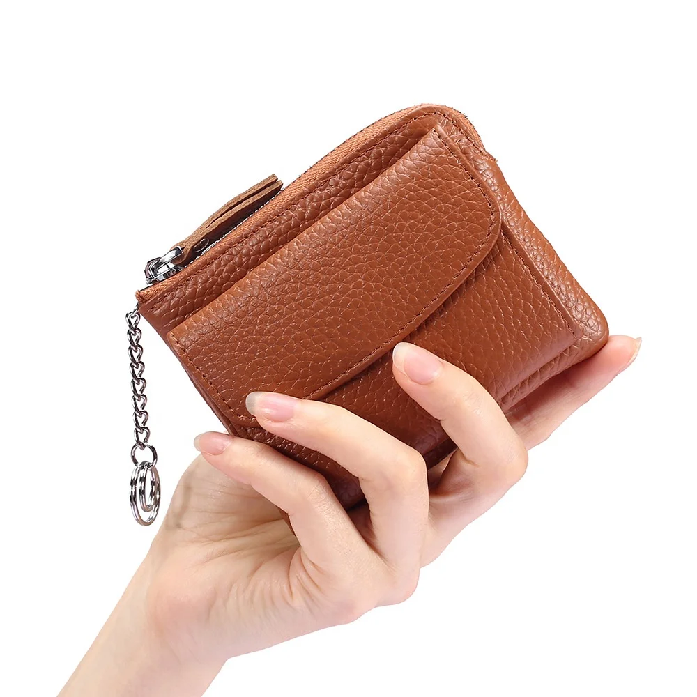 Simple Leather Coin Purse Leather Mini Zipper Coin Purse Ladies Small Wallet with Keychain Fashion BOSHIONCASE 11*9*4mm Litchit