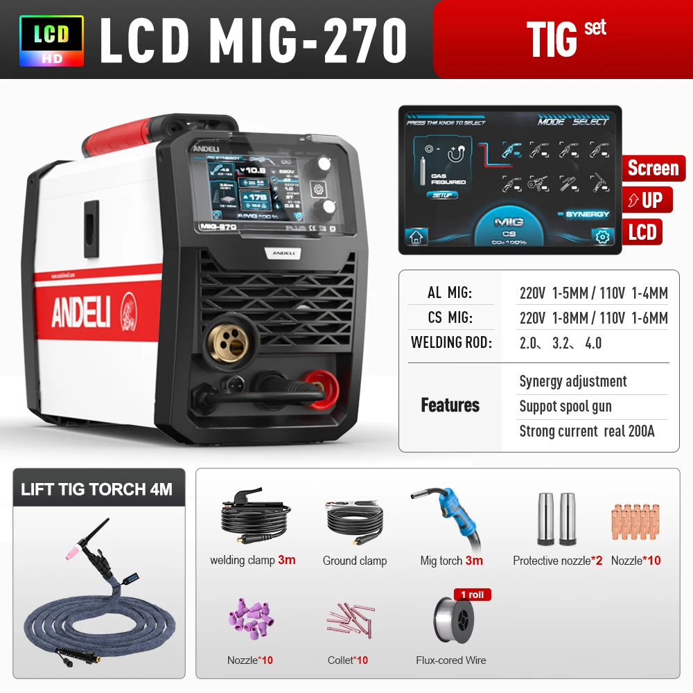ANDELI Free Shipping  MIG-270 MIG ALUMINIUM MIG MMA LIFT TIG Welding Machine