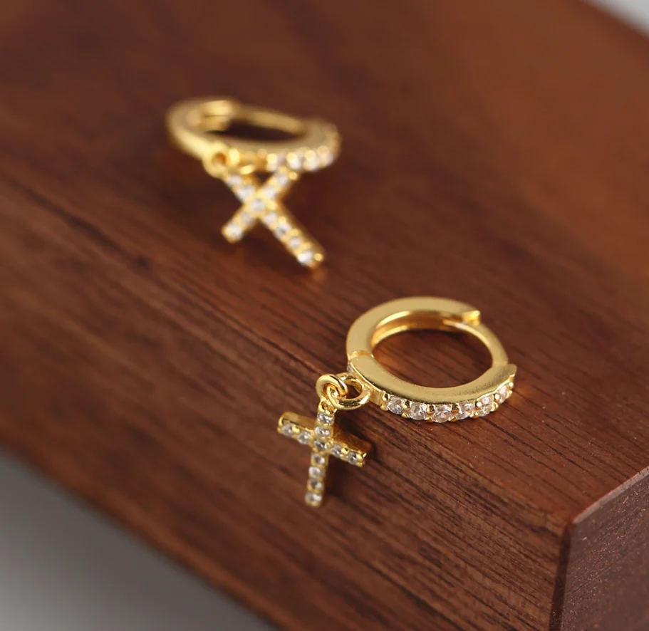 Wholesale 925 Sterling Silver Women Dainty Cross Hoop Earrings Gold Plated CZ Stone Diamond Pave Earrings Cross