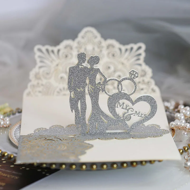 Hollow Bride Groom Glitter Invitations Luxury Wedding Cards With RSVP Cards