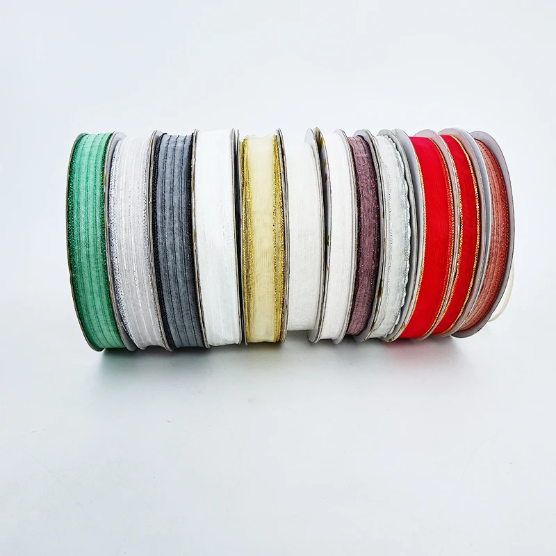 Colorful Polyester Chiffon Ribbon Gold Edge Trim New Design Raw Silk Organza Fringe Custom Logo Roll Garments Gifts Wholesale