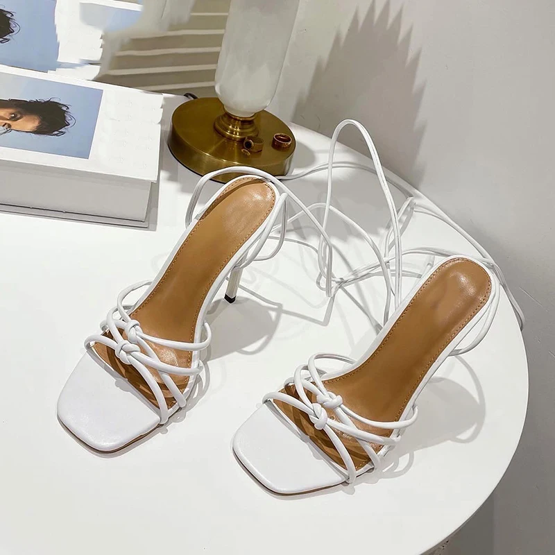 high-quality High Heel Women Shoe Sexy PU Cross-Tied Ladies Peep Toe Solid Fashion 2021NEW Summer Gladiator Party Sandales Pumps