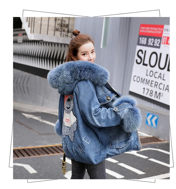 
Fashion big fur jean jacket women coats denim jacket with jeans 