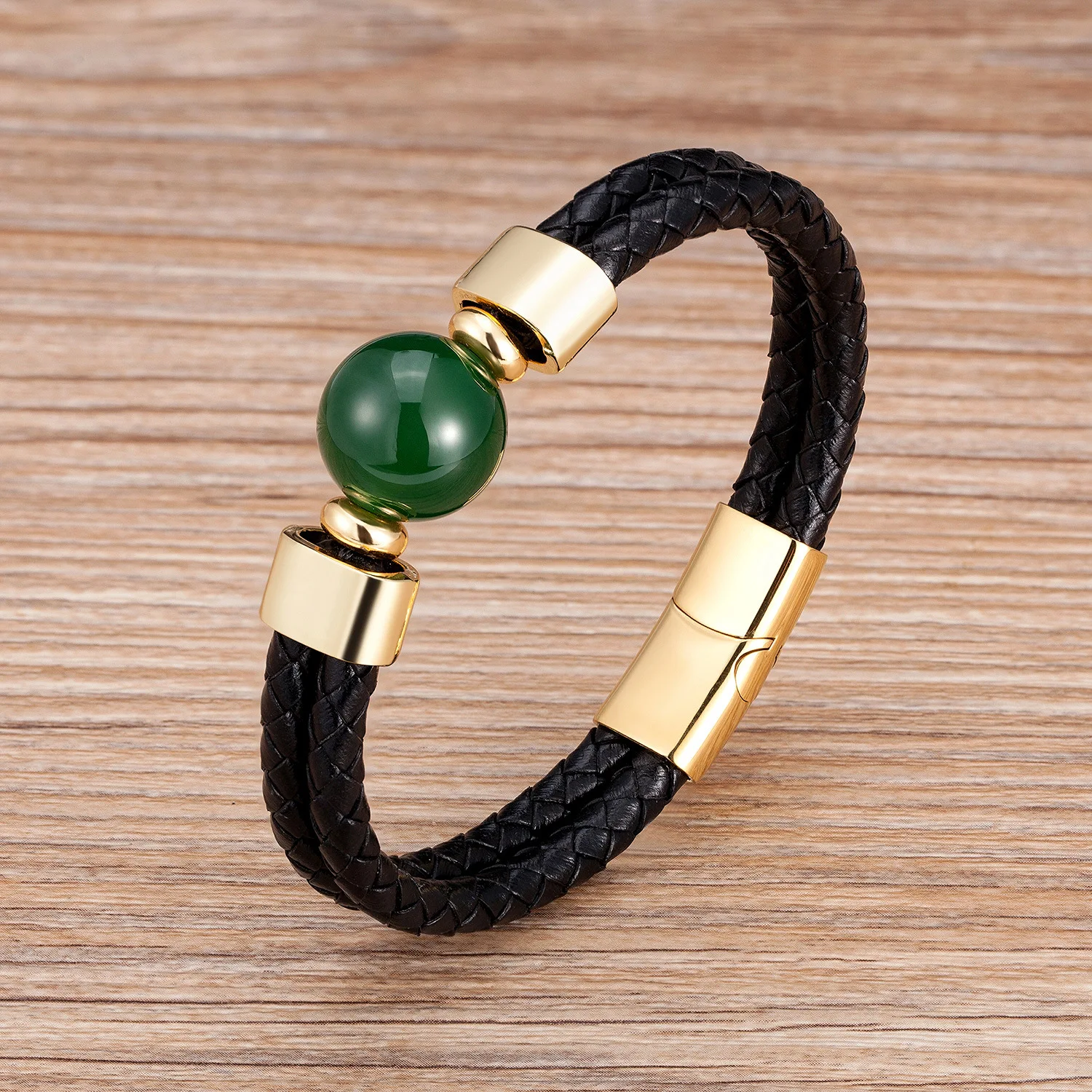 New Vintage Stainless Steel Leather Cord Braided Bracelet Trendy Metal Leather Cord Classic Stone Bracelet