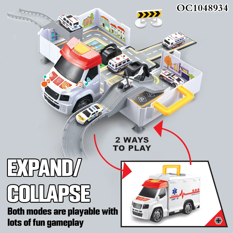 32pcs Ambulance deformed car track and parking lot garage toy set with light sound