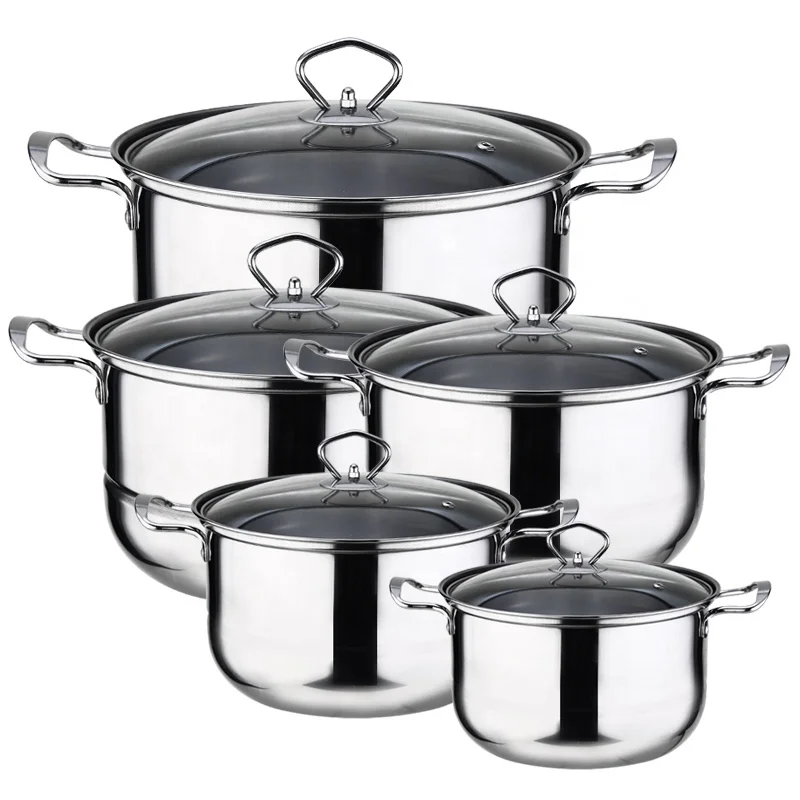Factory Direct Sale Kitchen 10 Pcs 12Pcs Stainless Steel Cookware Set Soup & Stock Pot Set Cooking Pot Set With Glass Lid
