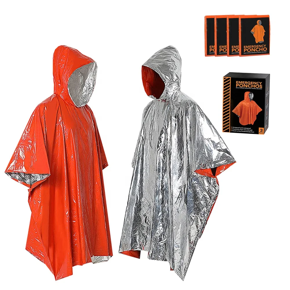 Outdoor Emergency Blanket Rain Poncho Lightweight Waterproof Raincoat Survival Thermal Mylar Space Emergency Blanket Poncho