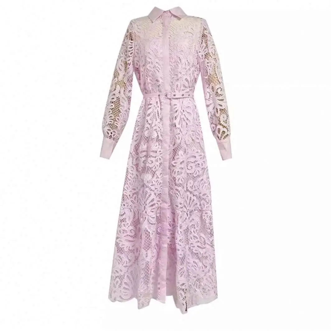 French Artistic Retro Style 2024 Autumn New Lapel Machine Embroidery Hollow-Out Cinched Dress Women