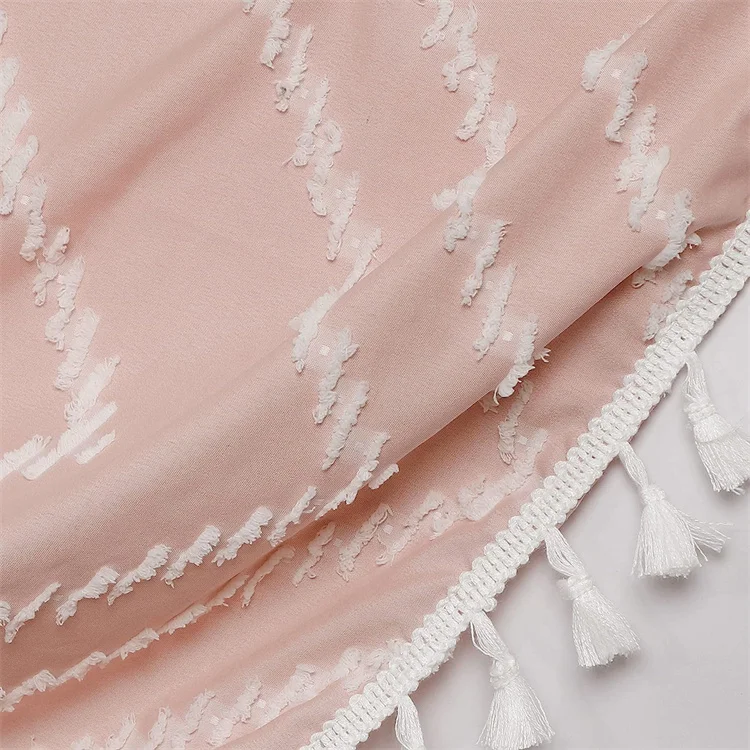 Modern Extra Long Pink Boho Shower Curtain with White Tassel Woven Tufted Chevron Striped Waterproof Shower Curtain for Bathroom