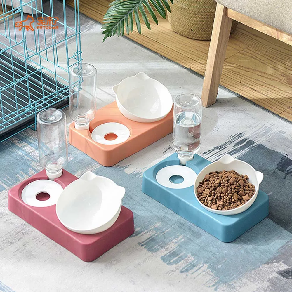 PETCOME Manufacturers Adjustable 15 Degree Tilted 2 In 1 Feeding Bottle Cat Shape Bowl