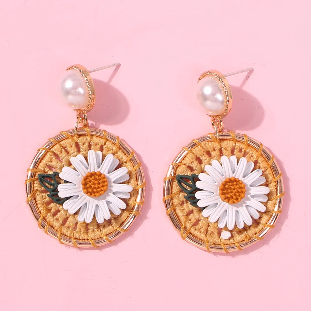 New Jewelry Korea Style Handmade Sunflower Stud Earrings With Pearl